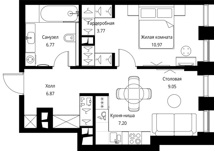 1-комнатная квартира, 44,6 м² — фото 1