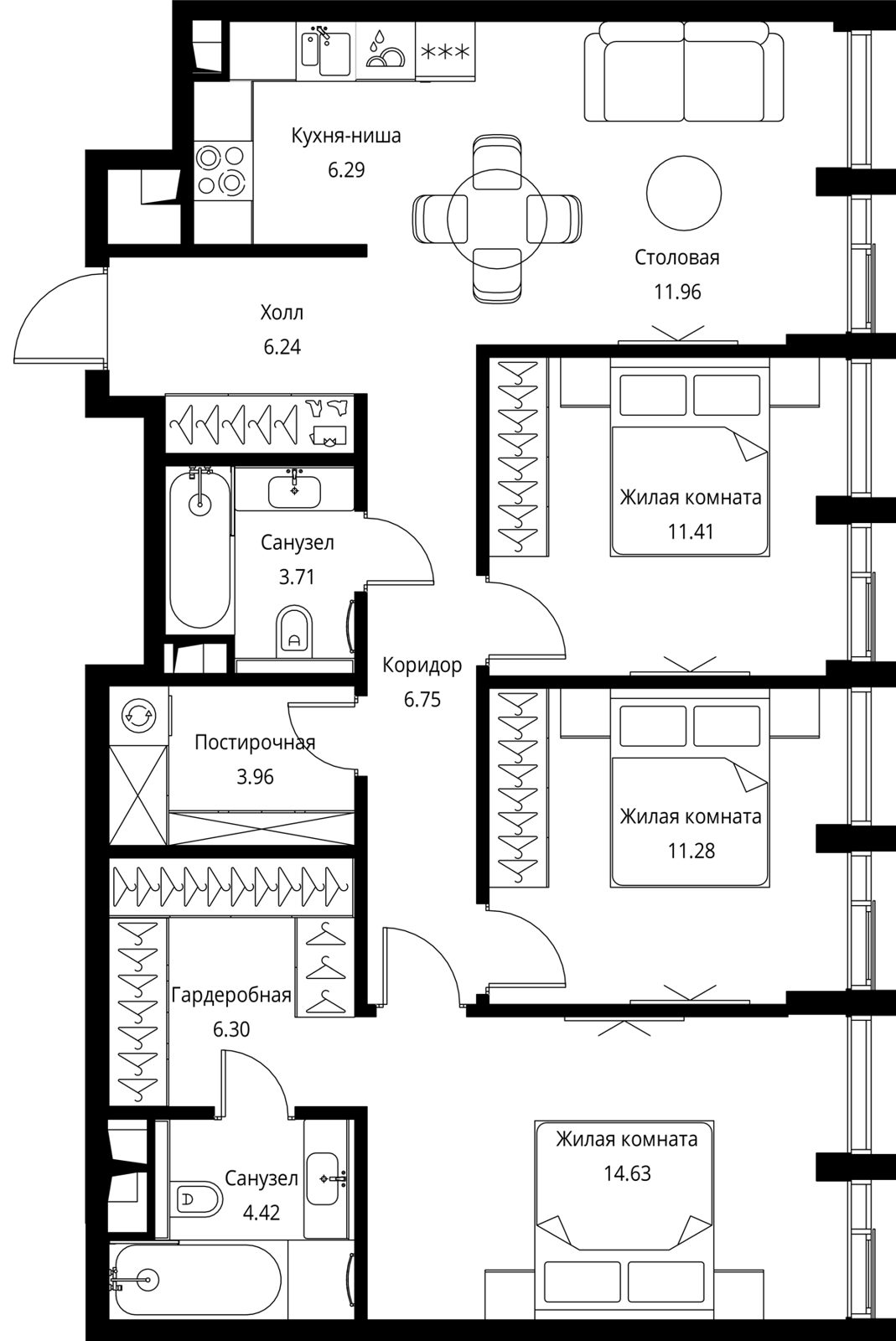 3-комнатная квартира, 87 м²