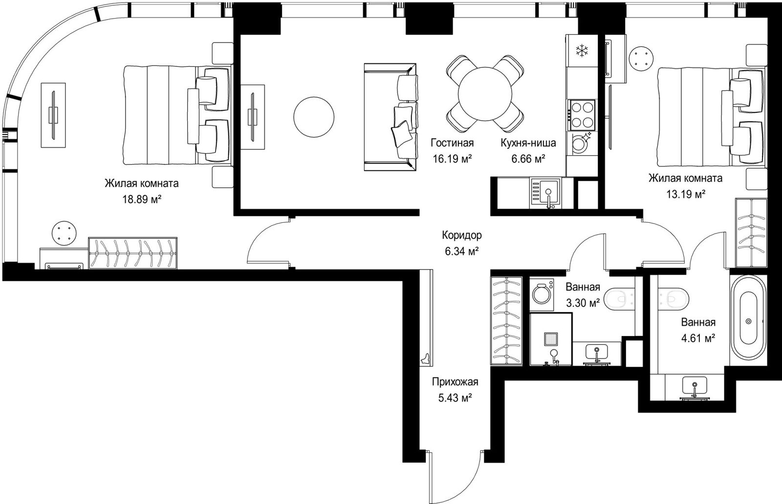 2-комнатная квартира, 74,6 м²