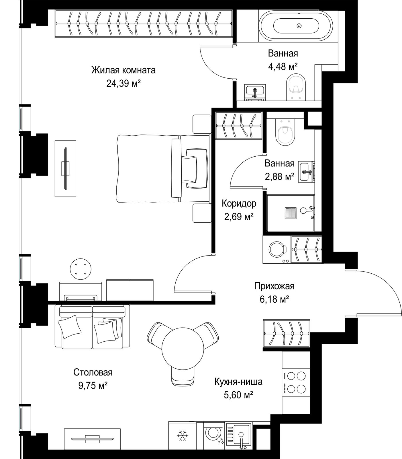 2-комнатная квартира, 56 м²