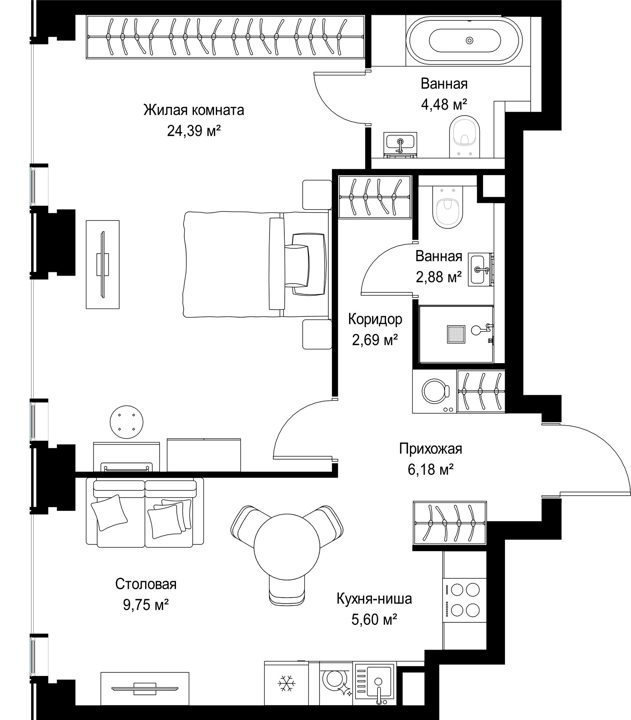 2-комнатная квартира, 56 м² — фото 1