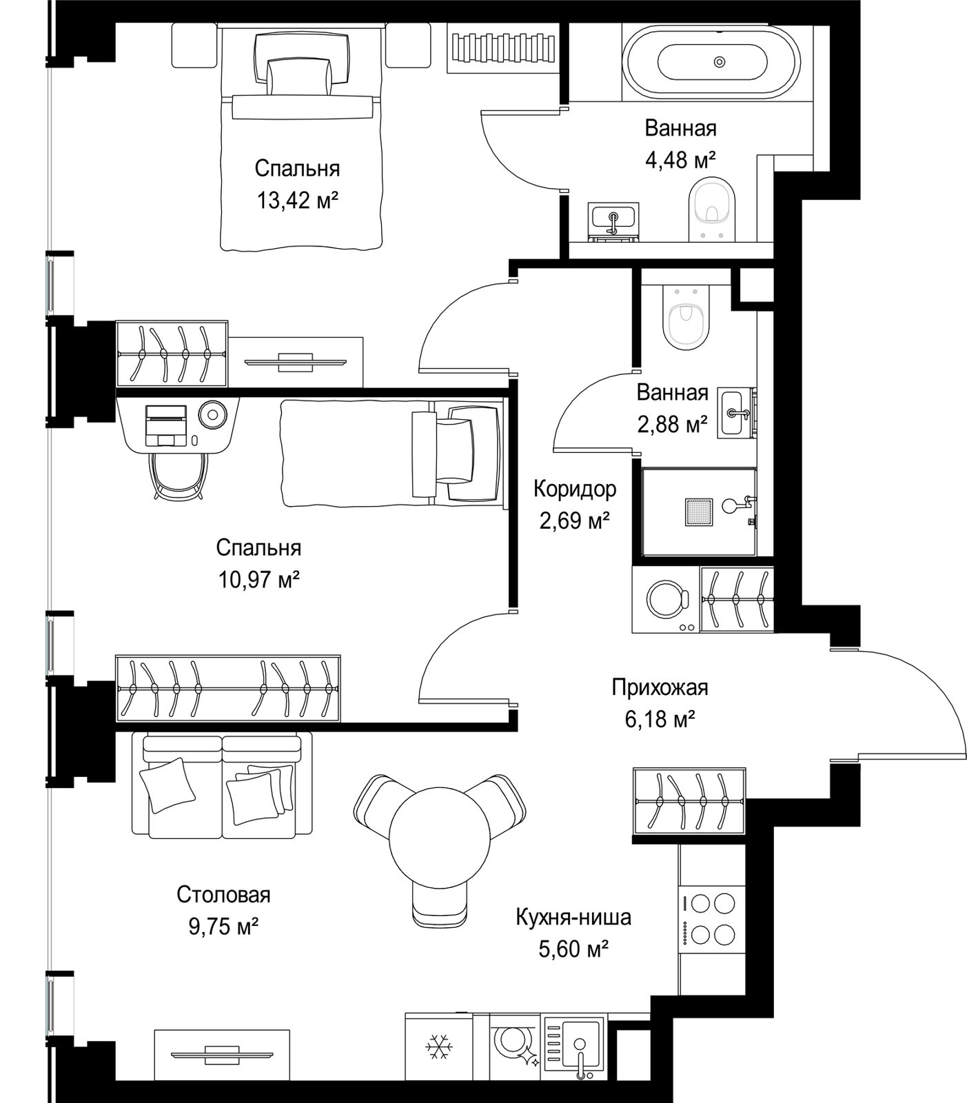 2-комнатная квартира, 56 м² — фото 2
