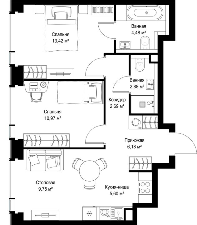 2-комнатная квартира, 56 м² — фото 2