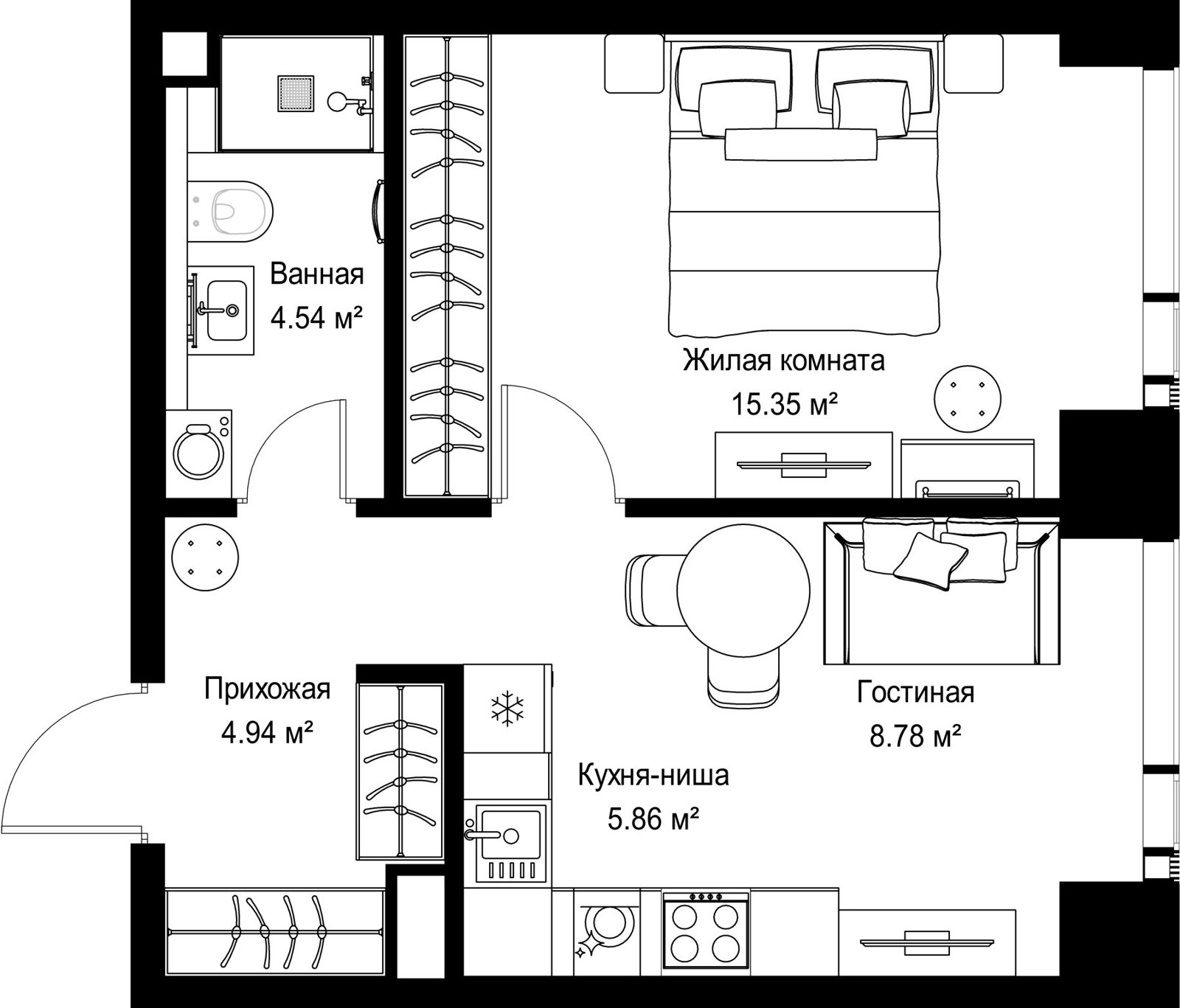 1-комнатная квартира, 39,5 м²