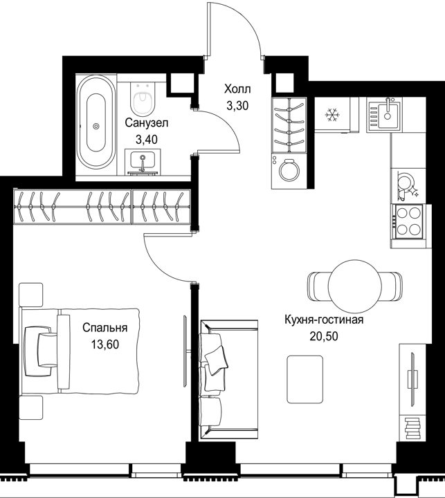 1-комнатная квартира, 40,8 м² — фото 1