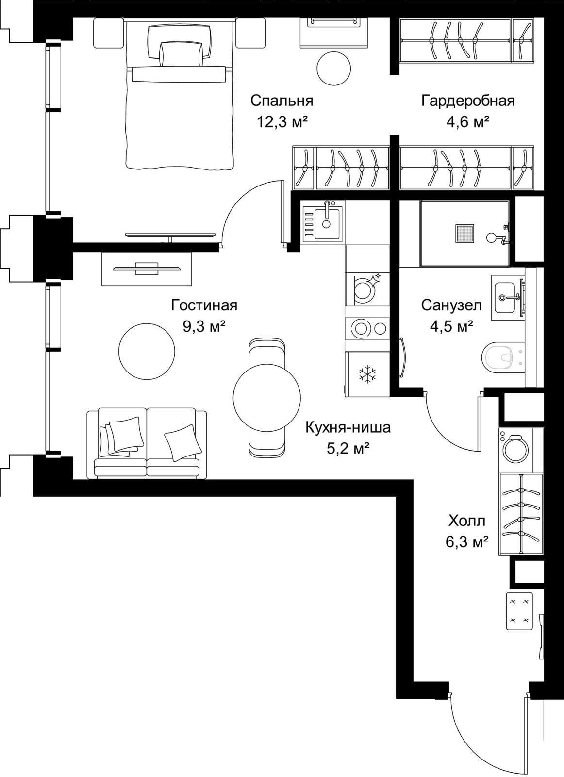 1-комнатная квартира, 42,2 м²