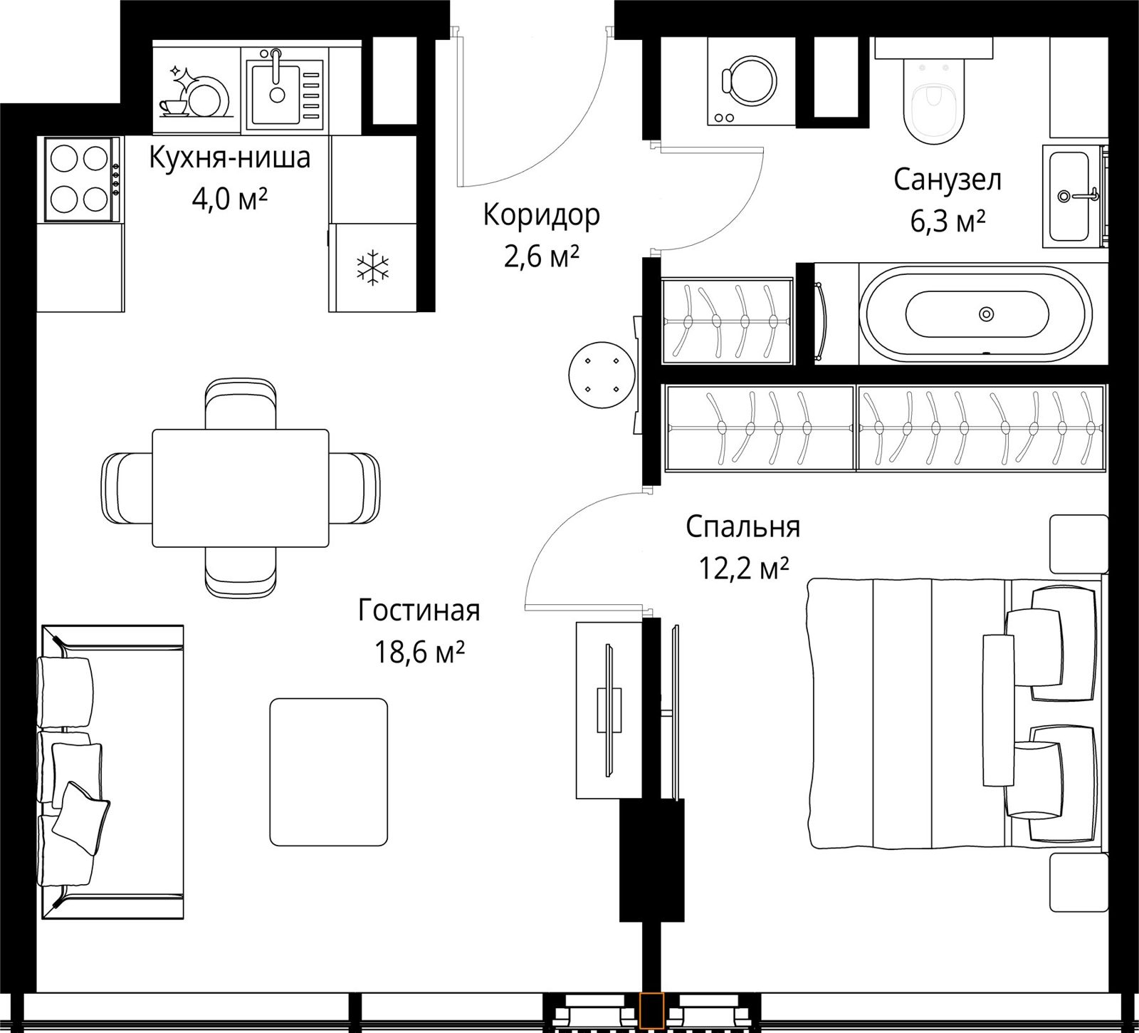 1-комнатная квартира, 43,7 м²