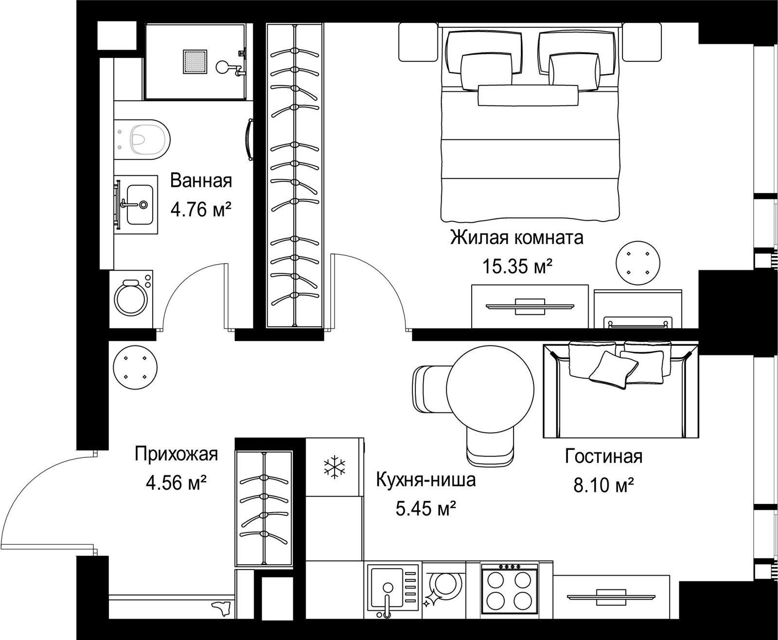 1-комнатная квартира, 38,2 м²