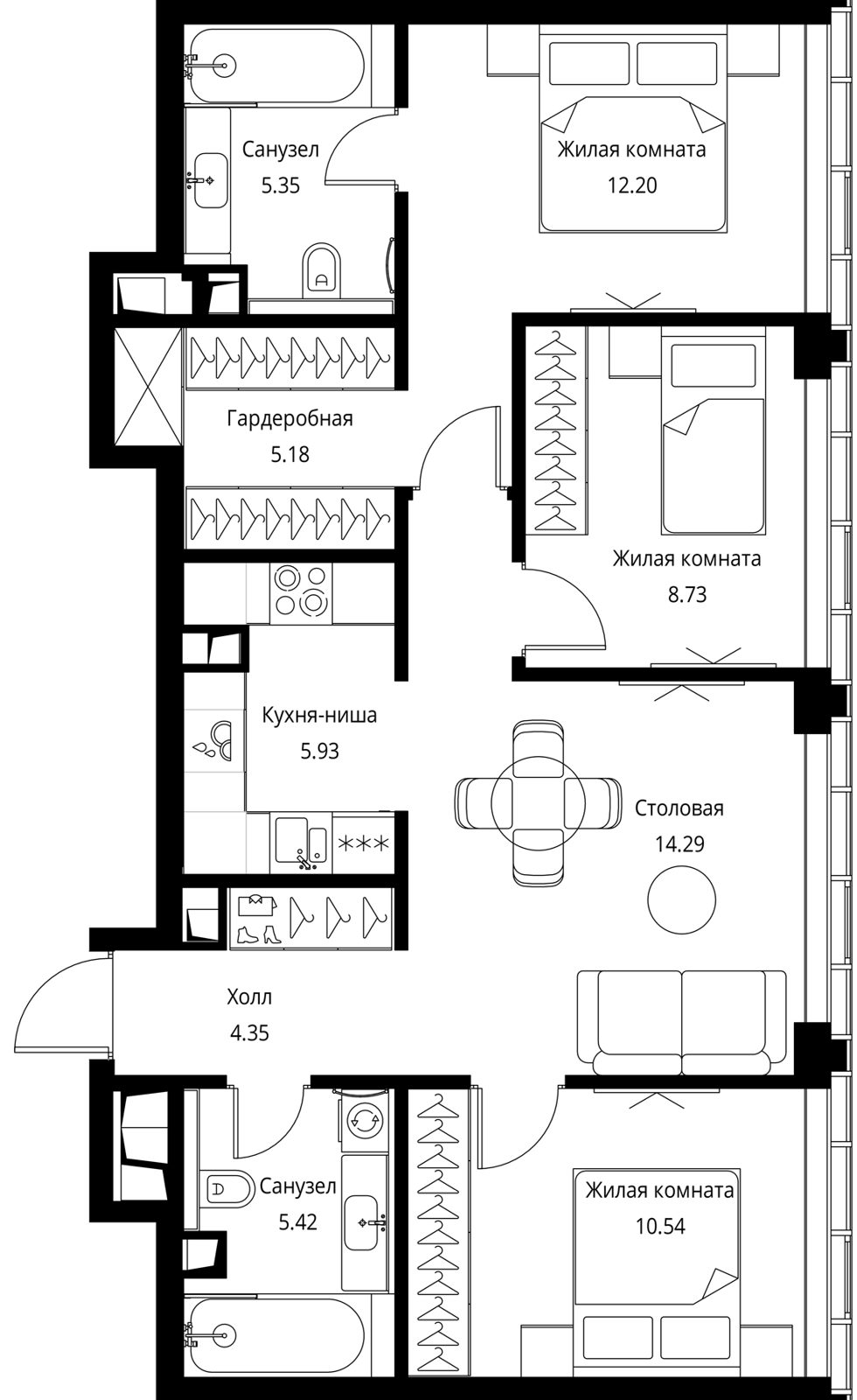 3-комнатная квартира, 73,7 м²