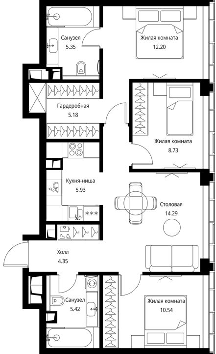 3-комнатная квартира, 73,7 м² — фото 1