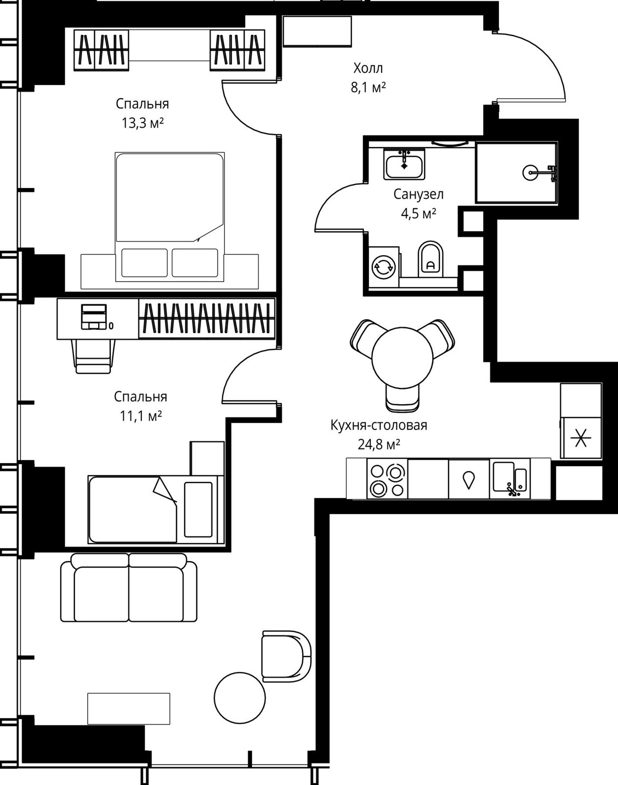 2-комнатная квартира, 61,8 м²