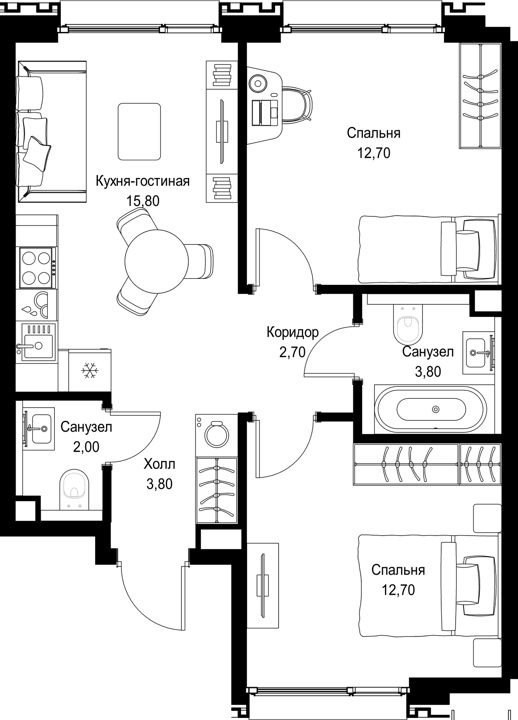 2-комнатная квартира, 53,5 м² — фото 1