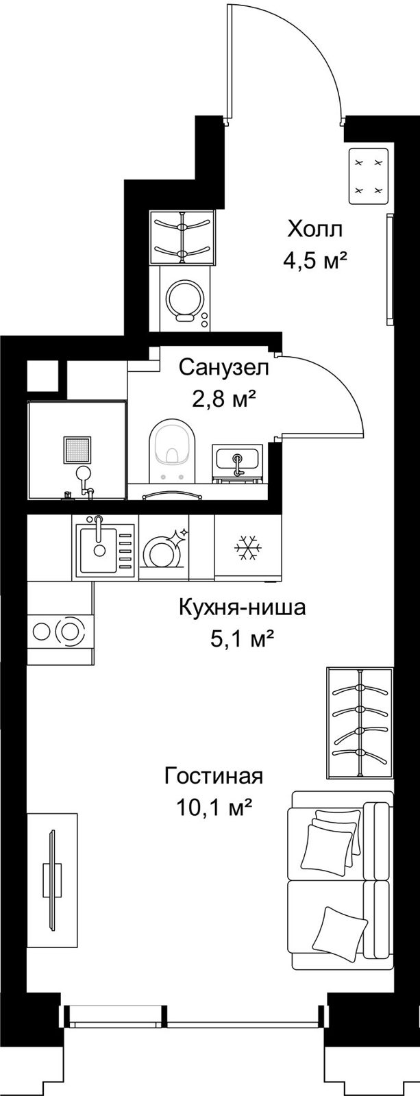 Квартира-студия, 22,5 м²