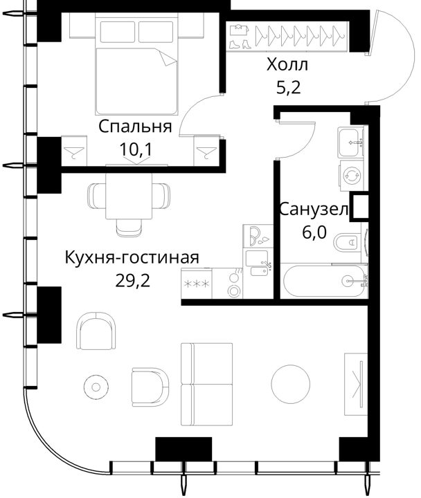 1-комнатная квартира, 50,5 м² — фото 1