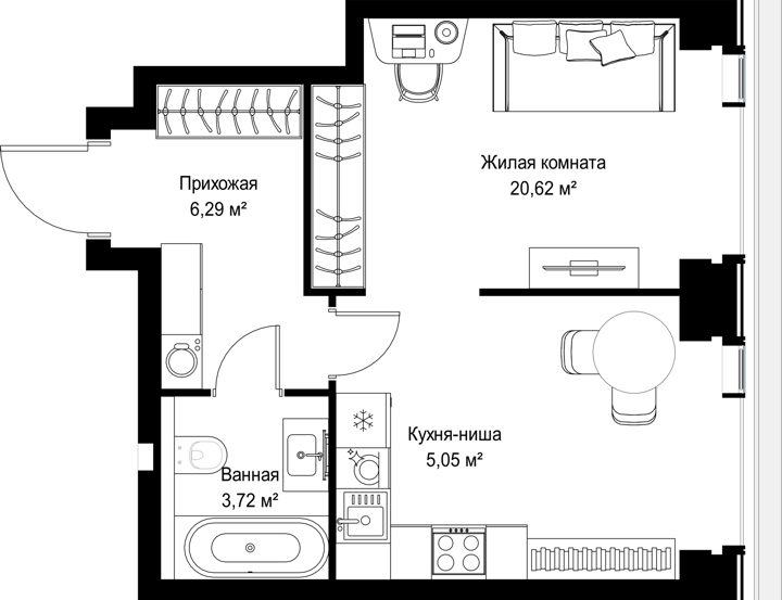 1-комнатная квартира, 35,7 м² — фото 1