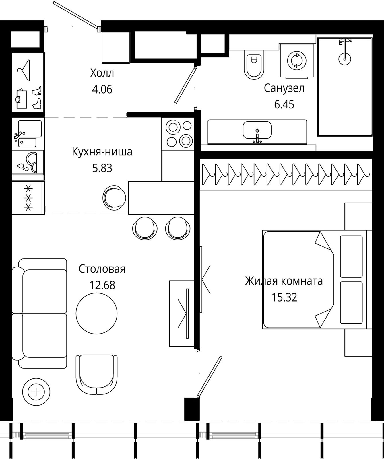1-комнатная квартира, 44 м²