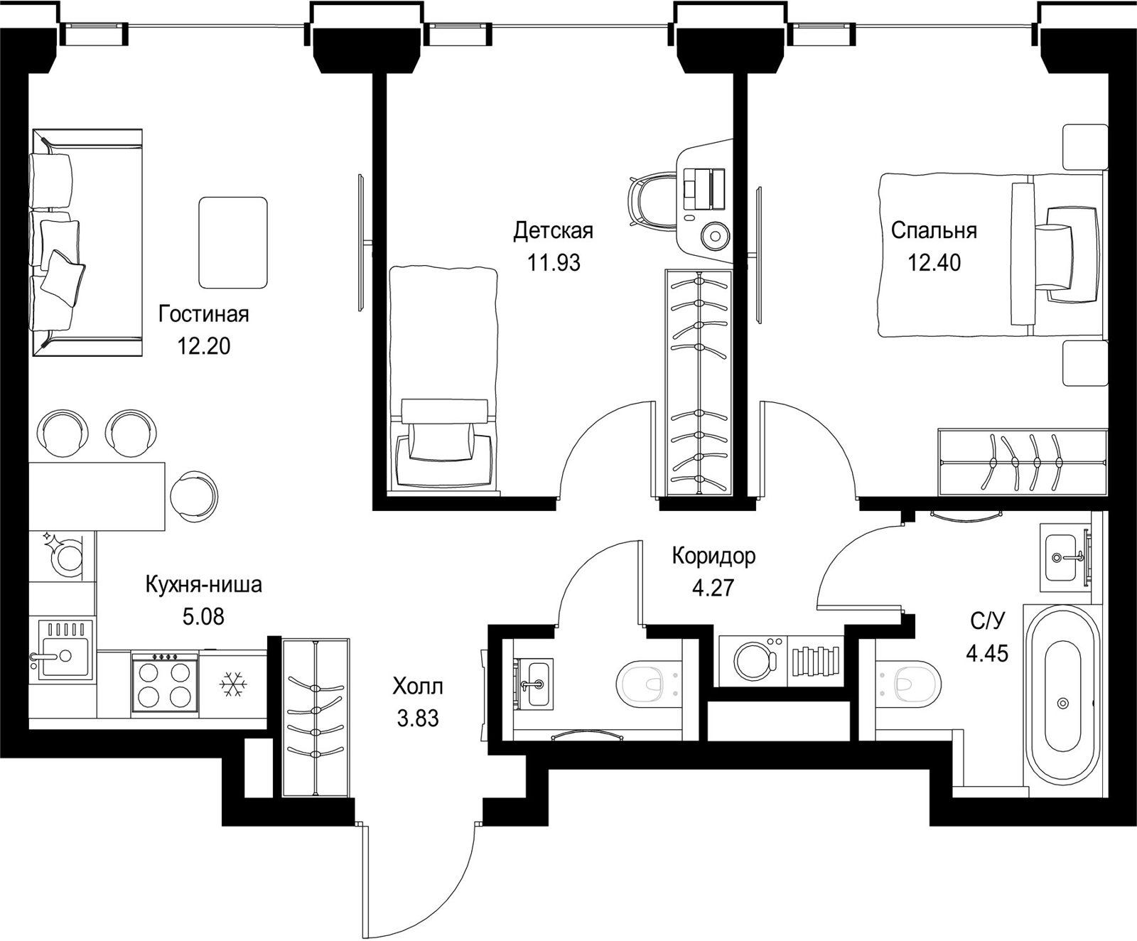 2-комнатная квартира, 55,7 м²