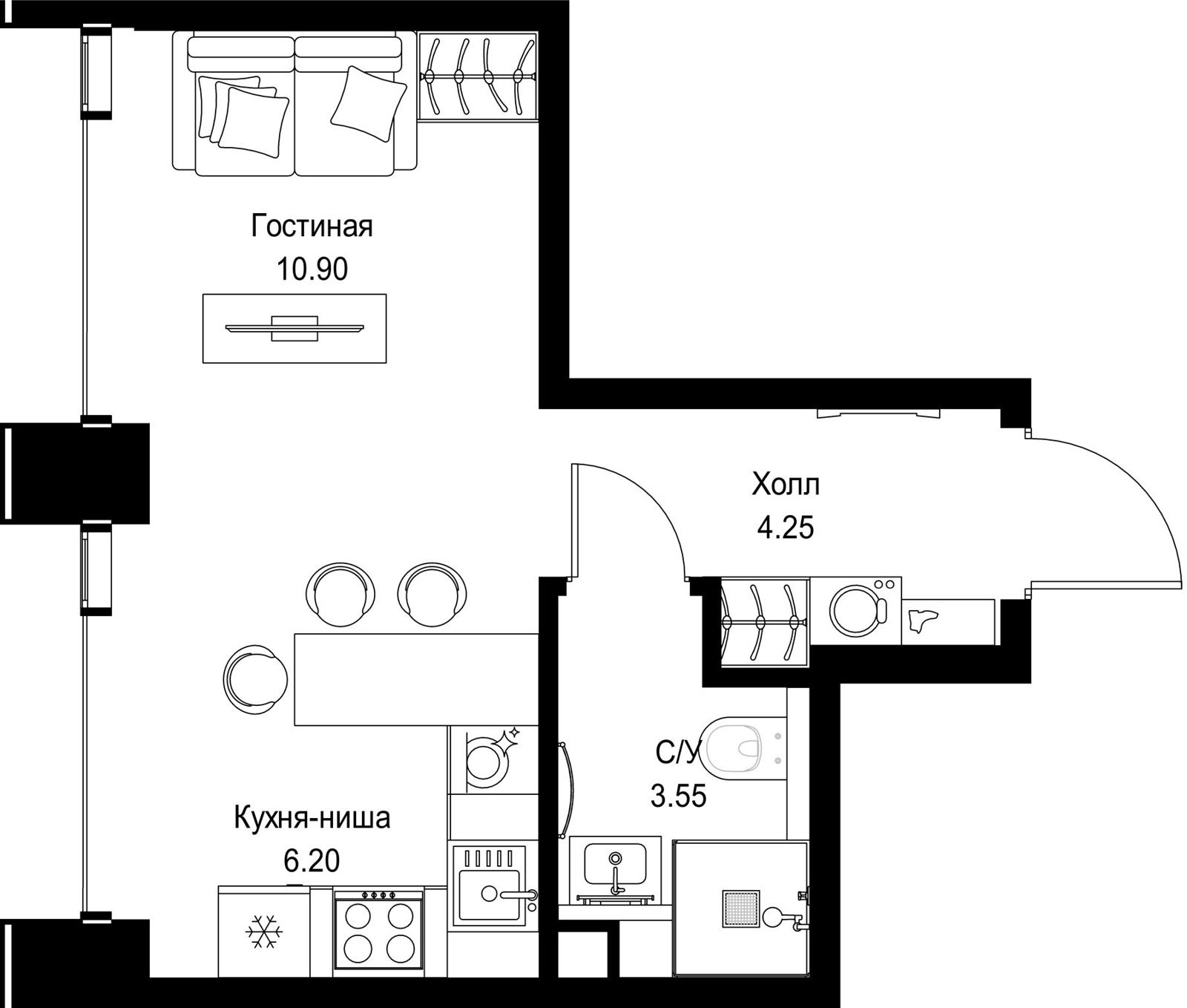 Квартира-студия, 24,9 м²