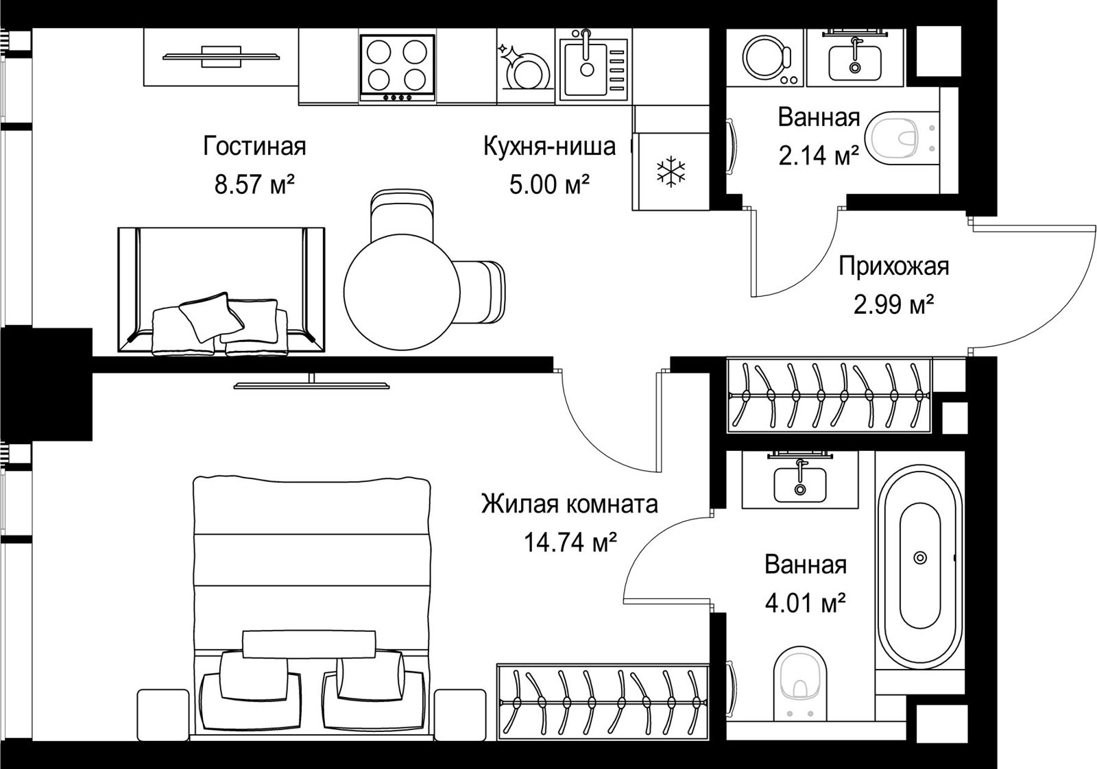 1-комнатная квартира, 37,5 м²