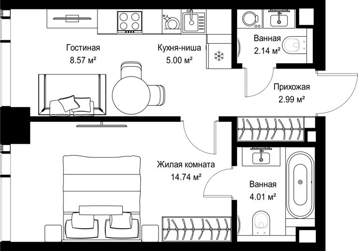 1-комнатная квартира, 37,5 м²