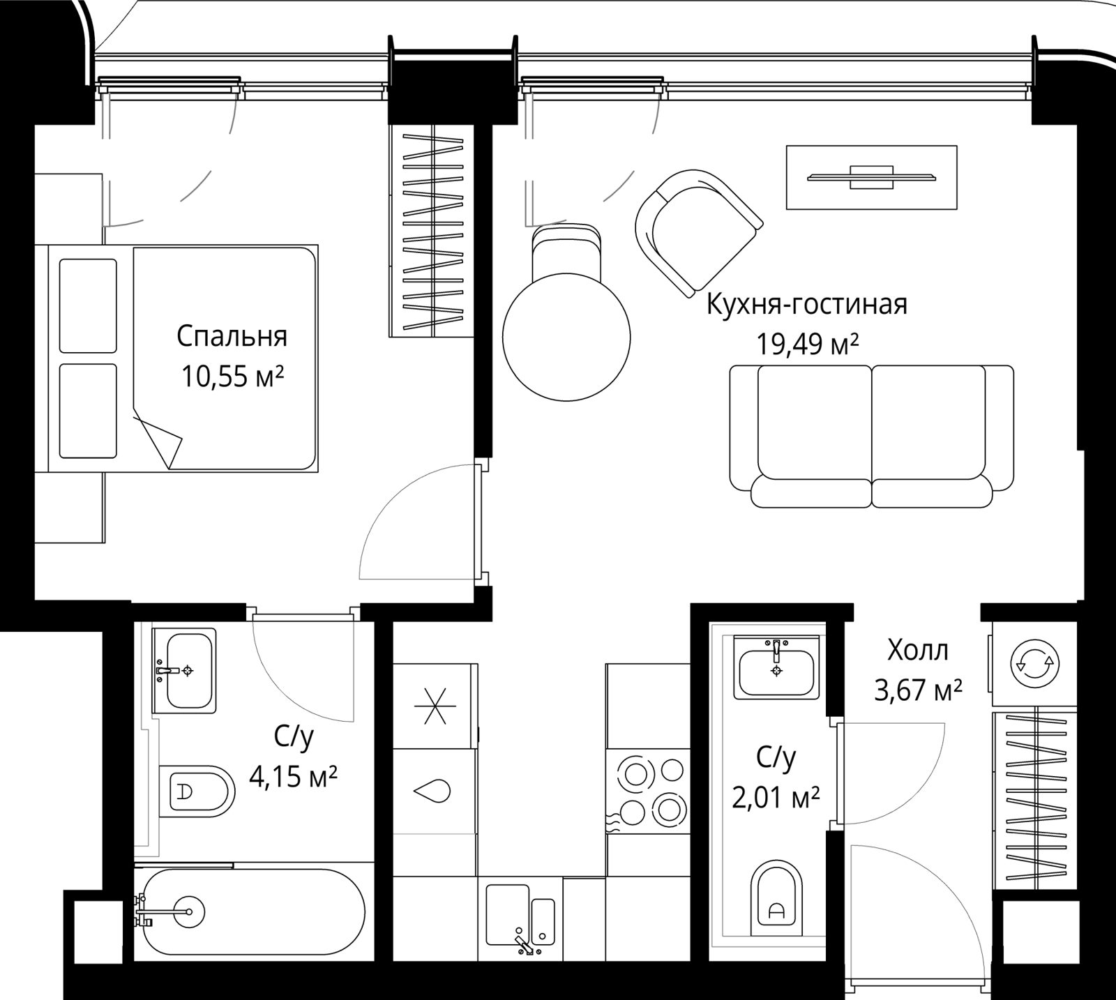 1-комнатная квартира, 39,2 м²