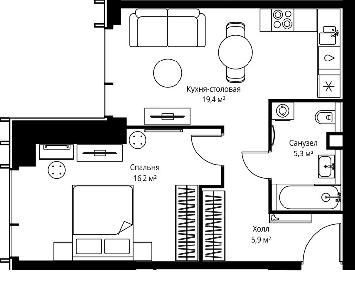 1-комнатная квартира, 46,8 м²