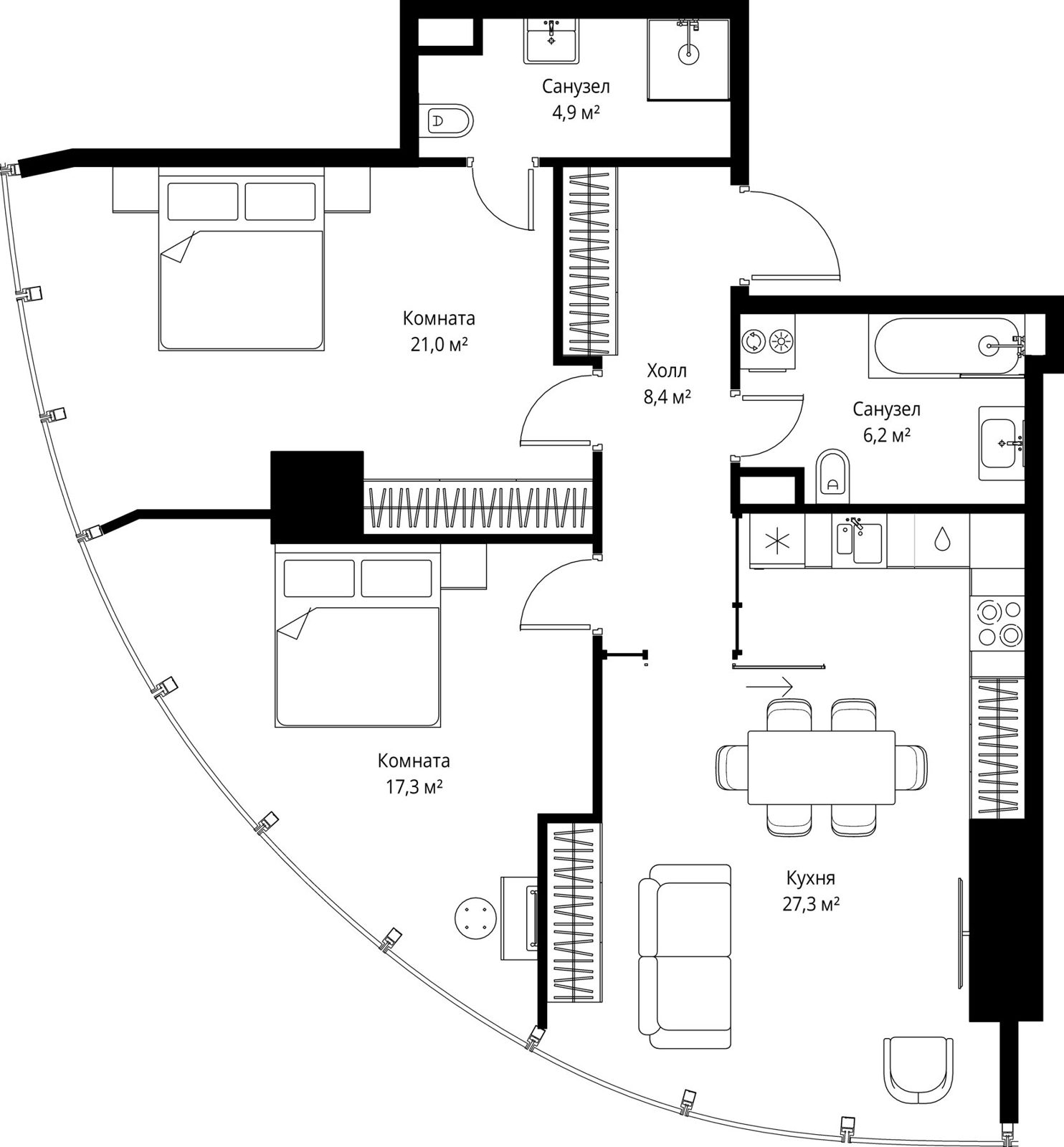 2-комнатная квартира, 85,1 м²