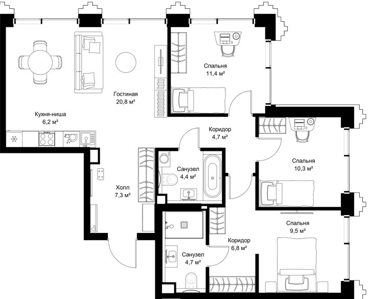 3-комнатная квартира, 86,1 м²