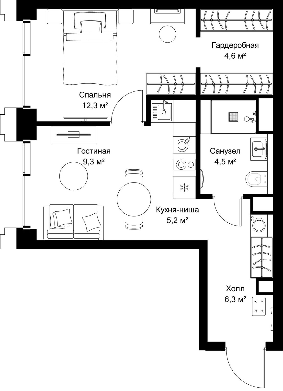 1-комнатная квартира, 42,2 м²