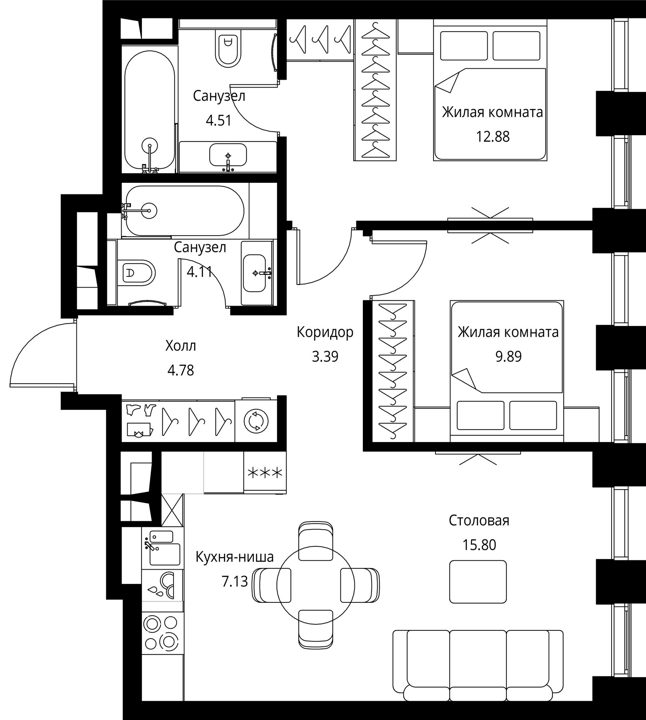 2-комнатная квартира, 62,5 м² — фото 1