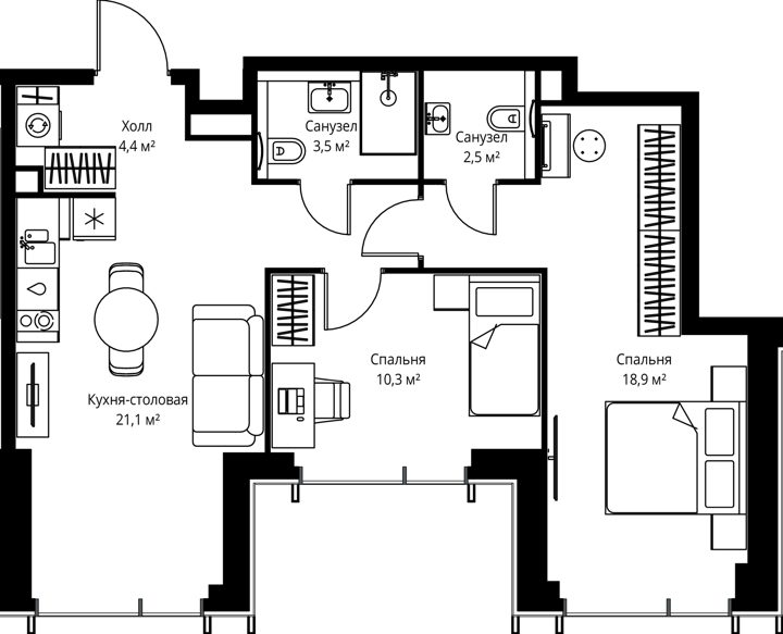 2-комнатная квартира, 60,7 м²