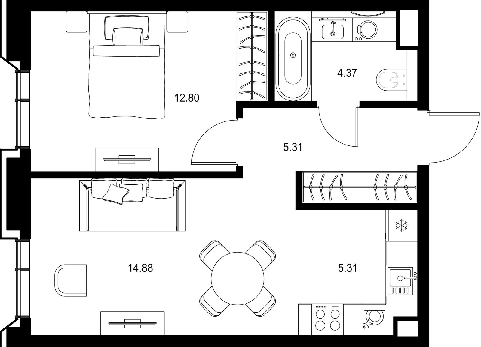 1-комнатная квартира, 42,7 м²