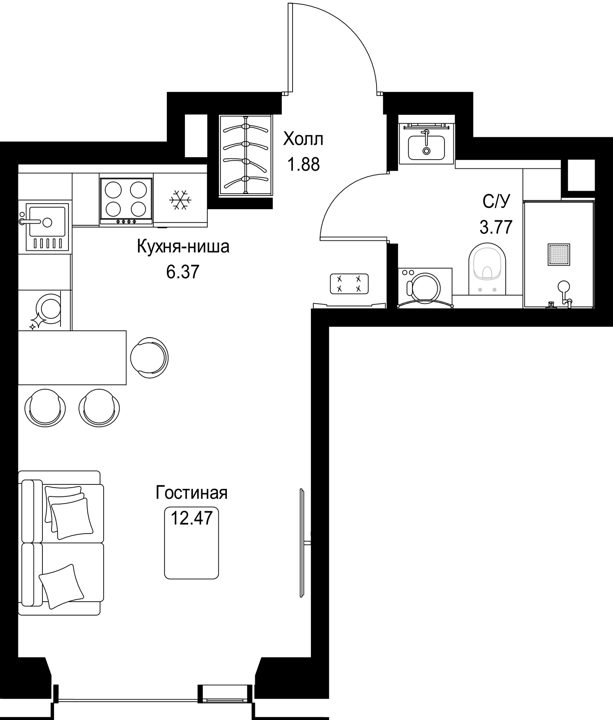 Квартира-студия, 24,5 м²