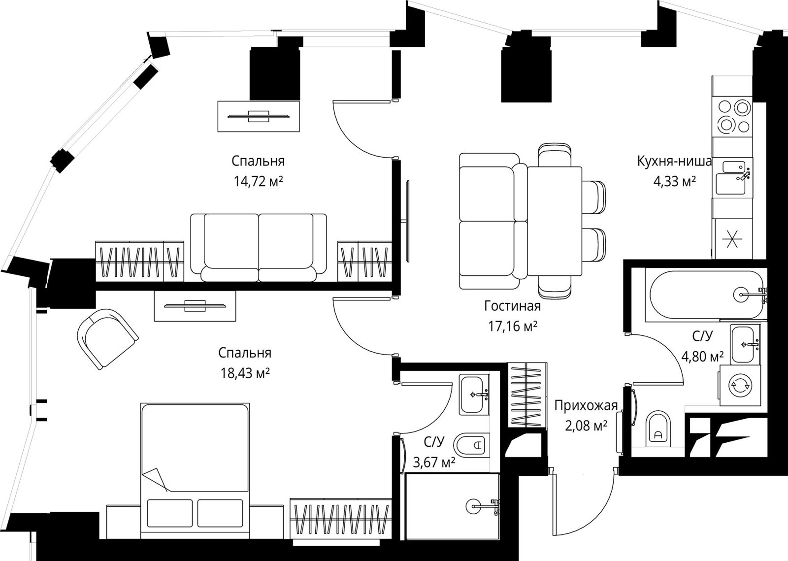 2-комнатная квартира, 65,4 м²