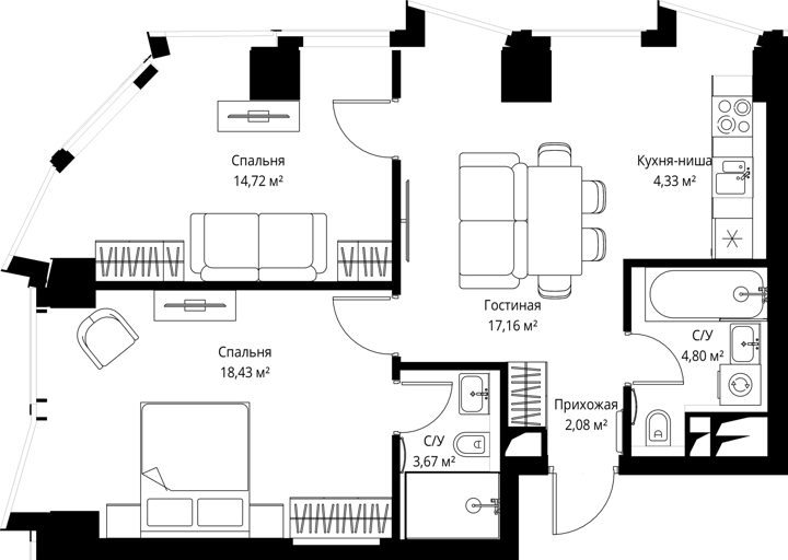 2-комнатная квартира, 65,4 м²