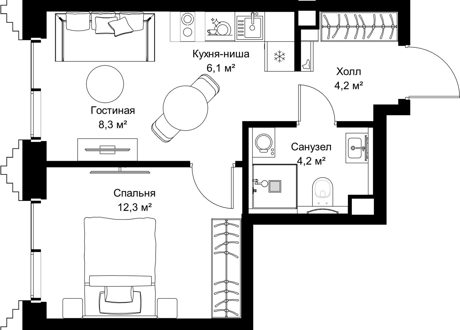 1-комнатная квартира, 35,1 м²