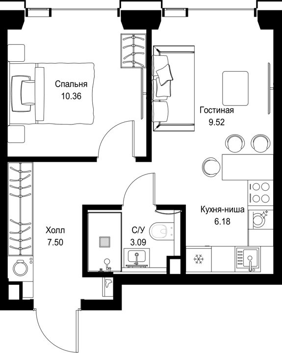 1-комнатная квартира, 36,6 м²