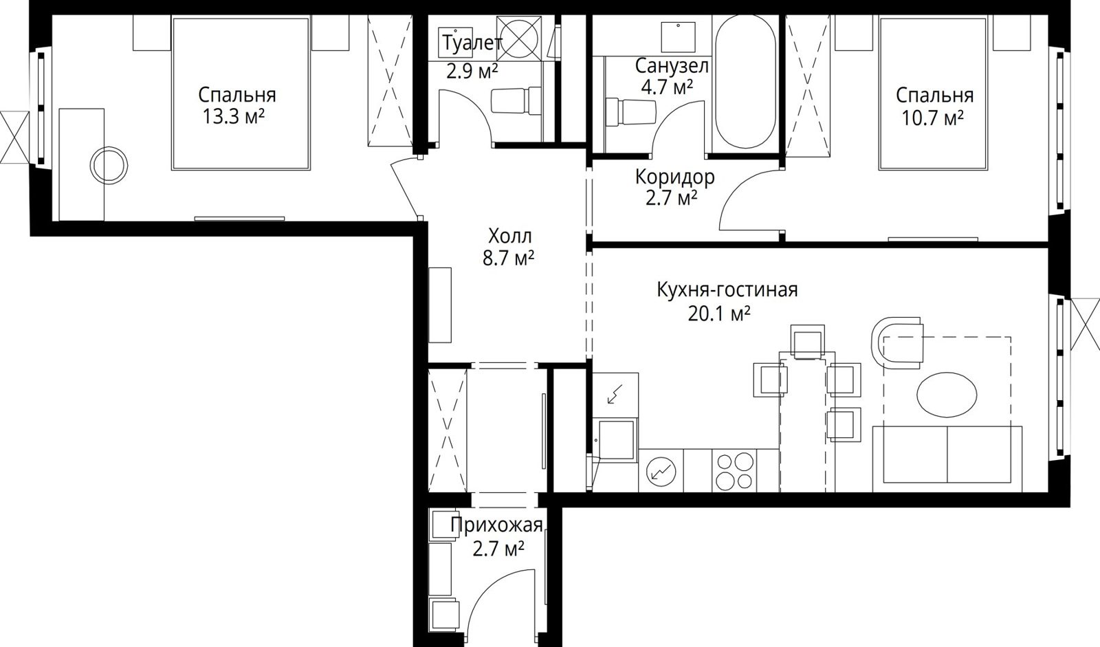 2-комнатная квартира, 65,8 м²