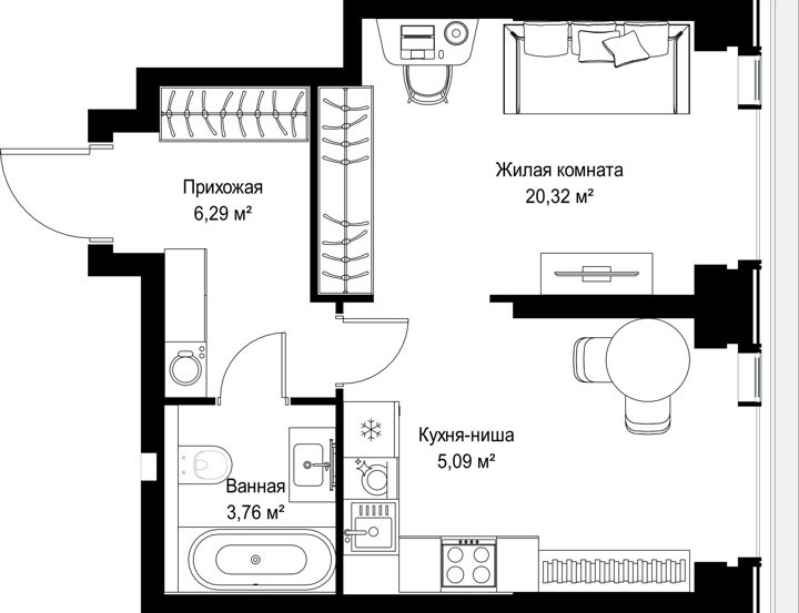 1-комнатная квартира, 35,5 м² — фото 1