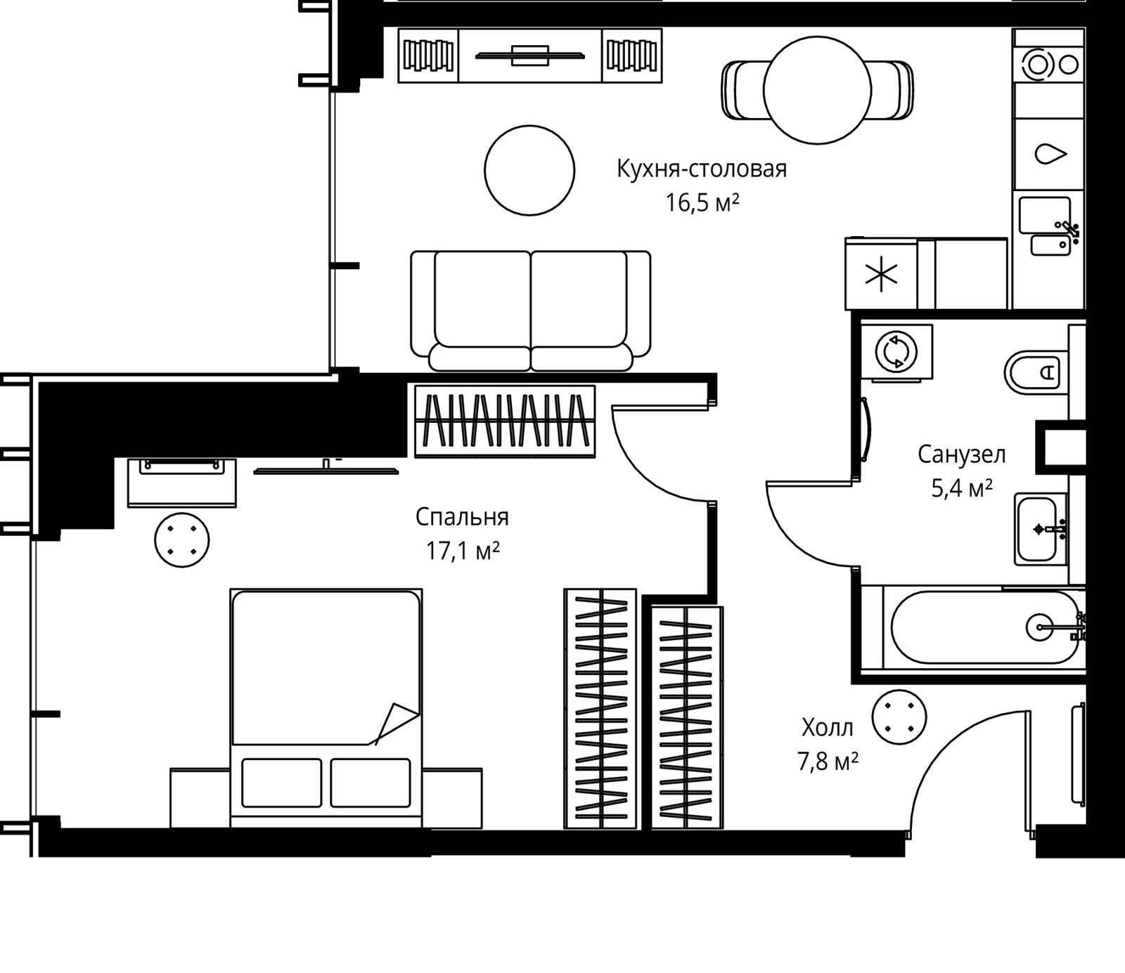 1-комнатная квартира, 46,8 м²