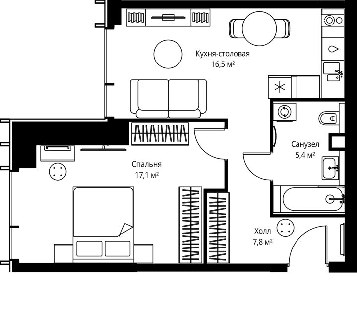 1-комнатная квартира, 46,8 м²
