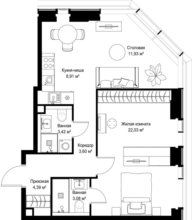 1-комнатная квартира, 57,4 м² — фото 1