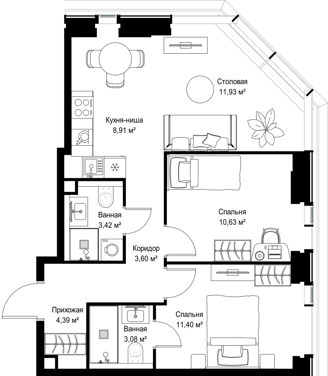 1-комнатная квартира, 57,4 м² — фото 2