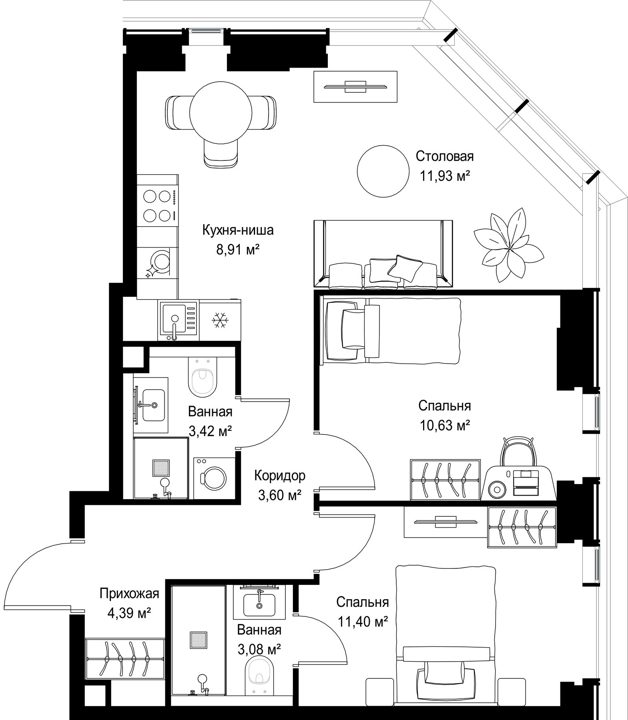 1-комнатная квартира, 57,4 м² — фото 2