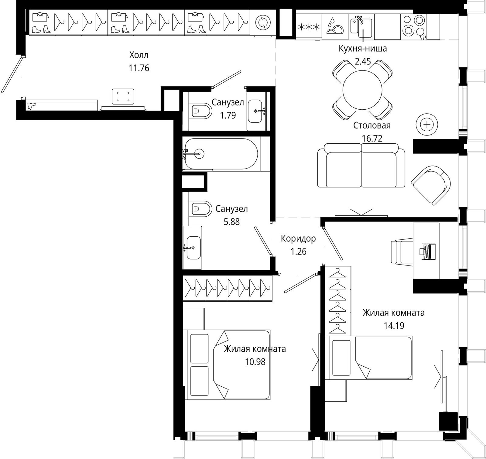 2-комнатная квартира, 65 м²