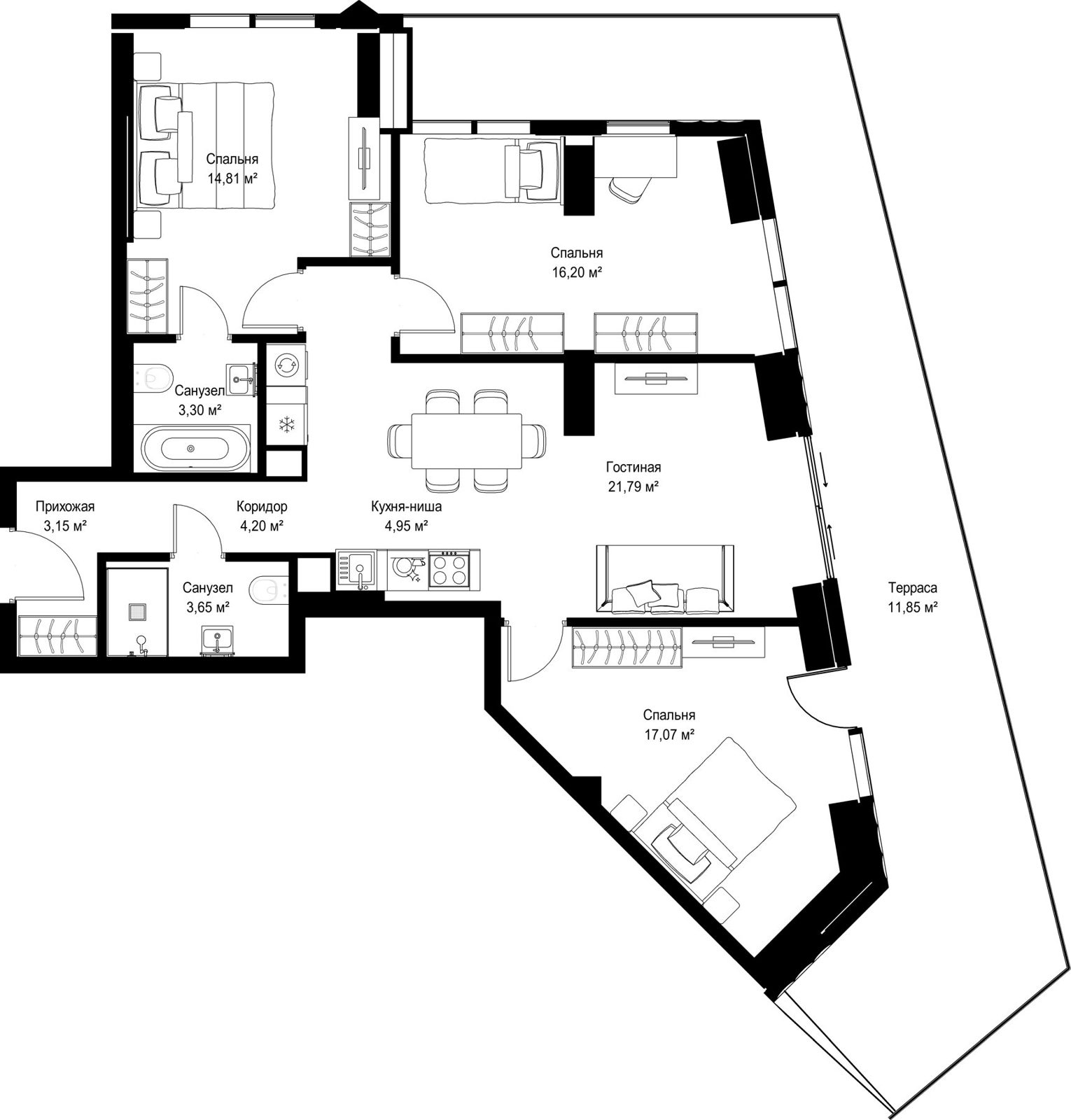 3-комнатная квартира, 101 м²