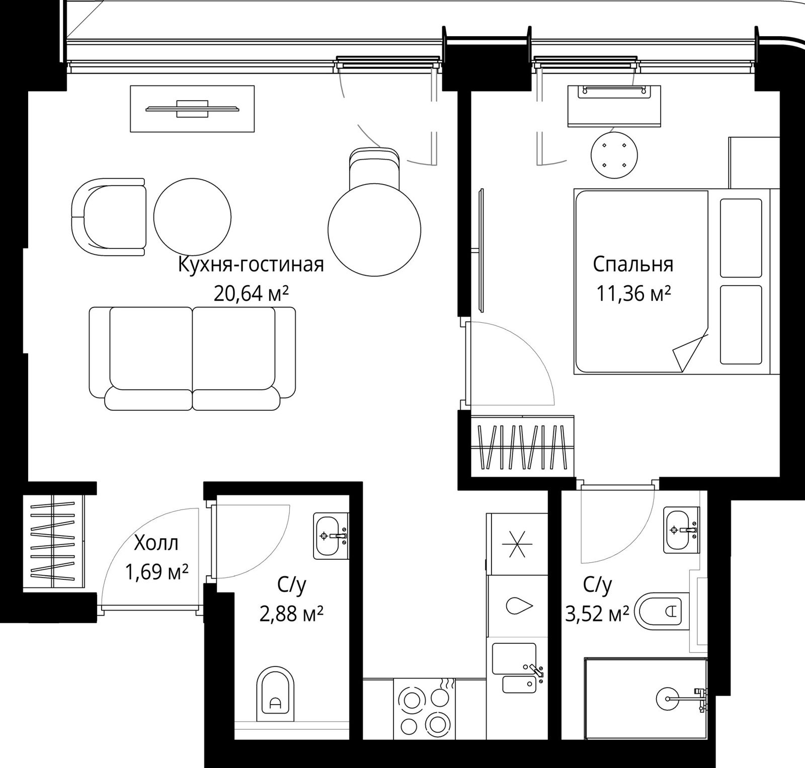 1-комнатная квартира, 39,5 м²