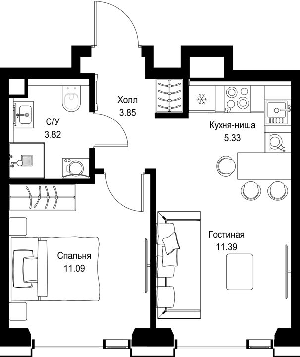 1-комнатная квартира, 35,5 м²