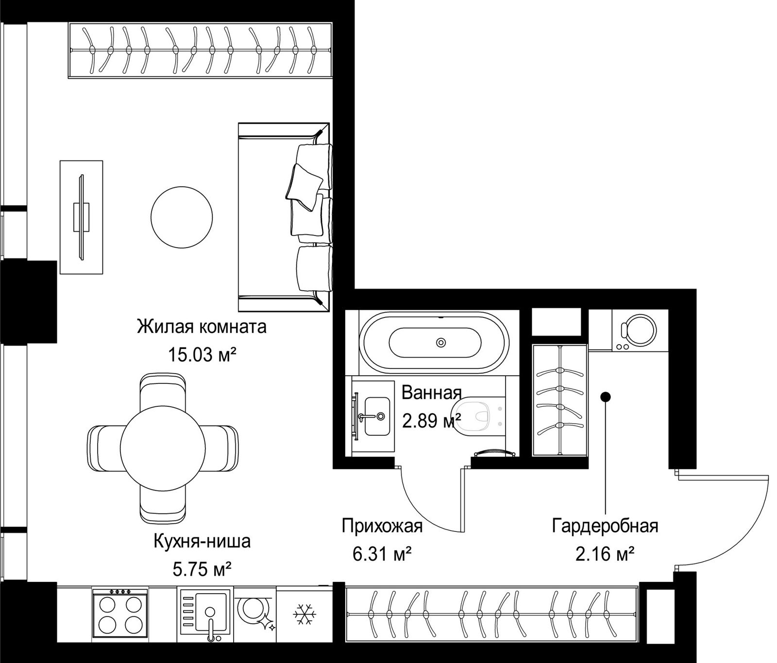 Квартира-студия, 32,1 м²