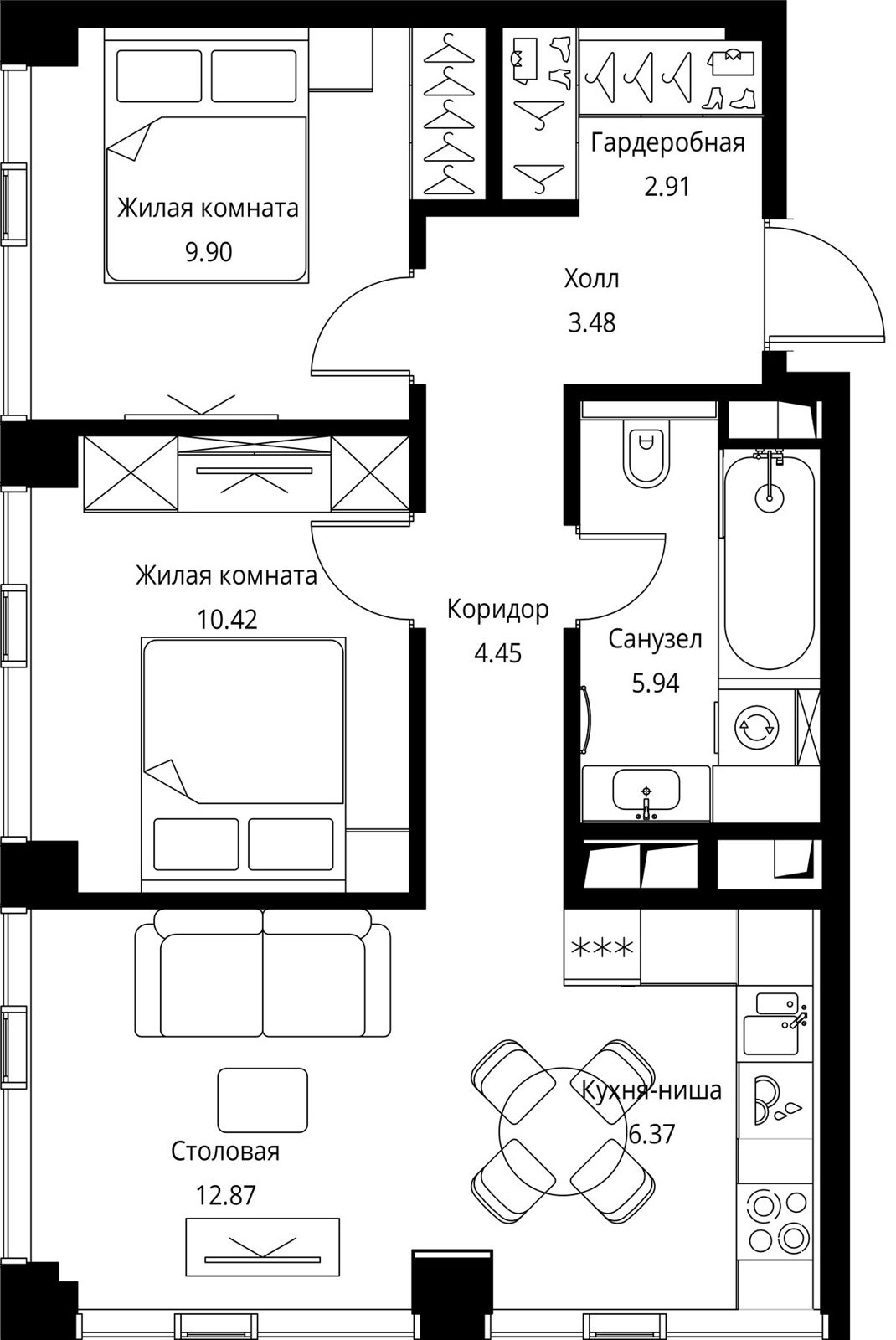 2-комнатная квартира, 56,3 м²